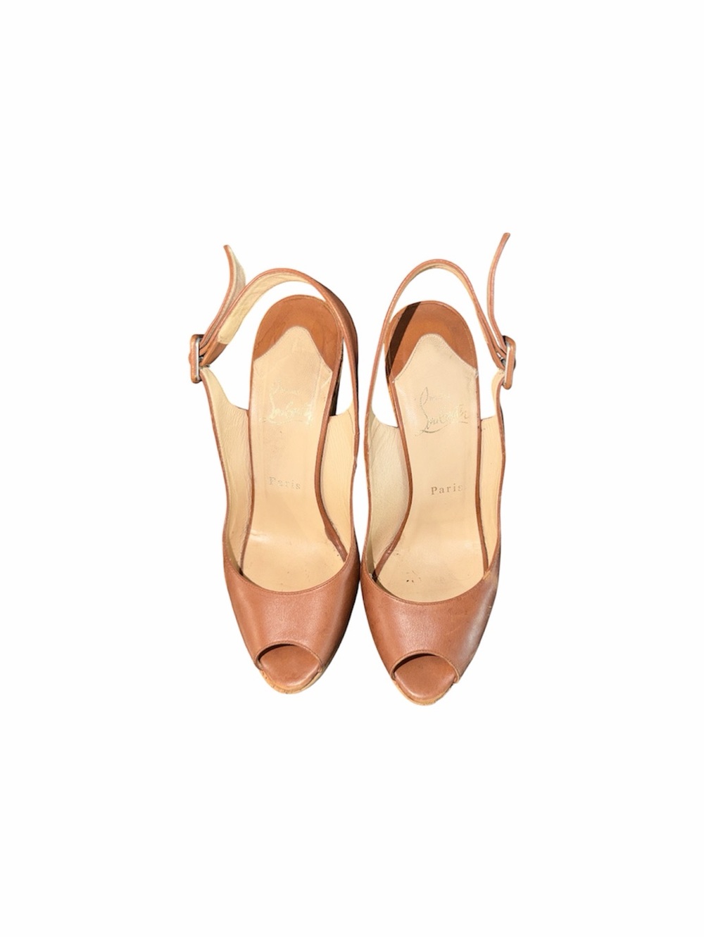 Christian Louboutin  Sz 39.5 Tan Cork Wedge Slingback Peep Toe Heels